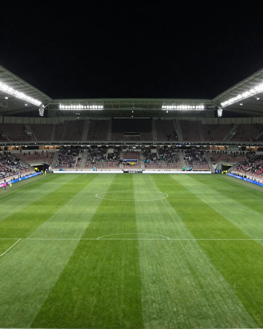 Editorial sports photography, wide stadium view under authentic f